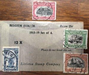 1915-1919 Belgium Set of 4 Littleton Stamp Co #116//26 12 X Used/Cancelled