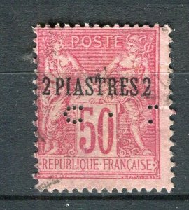 FRENCH COLONIES; LEVANT 1890s classic P & C surcharged 50c + 2Pi used + Perfin