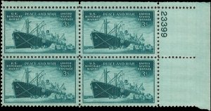 Scott # 939 1946 3c bl grn  Liberty Ship  Plate Block - Upper Right - Mint 