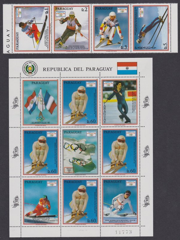 Paraguay Winter Olympic Games Albertville strip of 4v+Sheetlet 1990 MNH