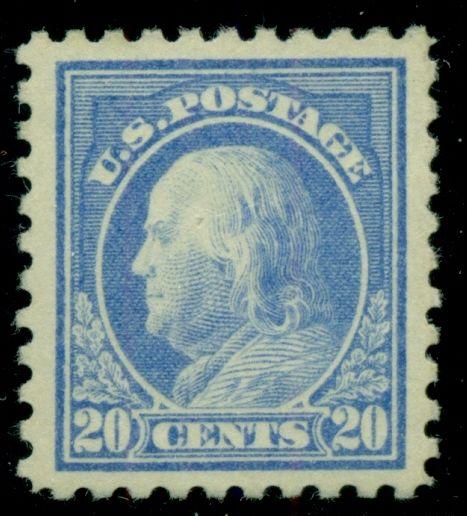 US #438 20¢ ultramarine, p. 10, og, VLH, large margins, VF/XF