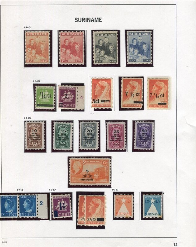 DUTCH SURINAME; 1943-46 early Wilhelmina issues fine Surcharged issues MINT LOT