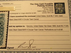 US Stamps - Scott # 96 - Used - 9x13mm Grill,Certif. Perforations-Cut in at Left