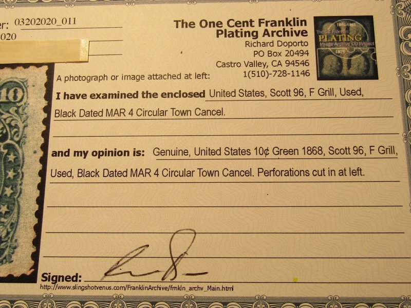 US Stamps - Scott # 96 - Used - 9x13mm Grill,Certif. Perforations-Cut in at Left