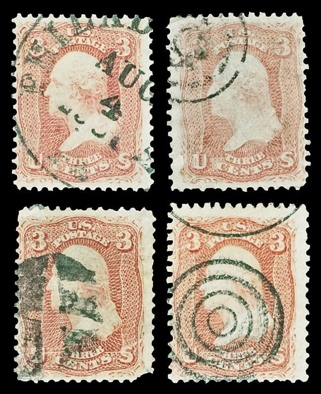 Four (4) Scott 65 3c Washington issues Used with Various Cancels Cat $12