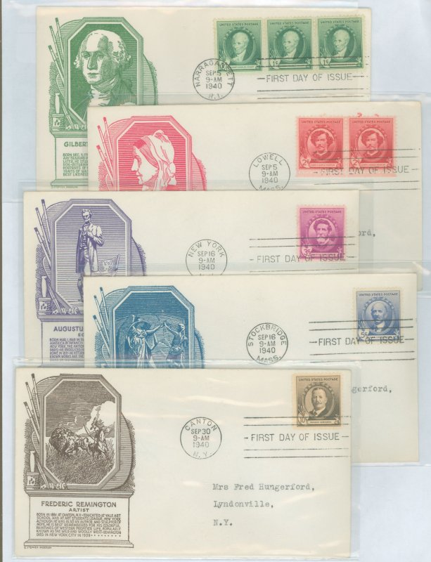 US 884-888 1940 Artists (part of the famous American series) set of 5 on 5 addressed (typed) FDC  with matching Anderson cachets