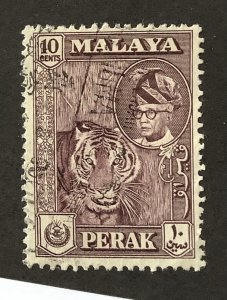 Malaya Perak 1957/62 Scott 132 used - 10c,  Sultan Yussuf Izzudin Shah &  Tiger