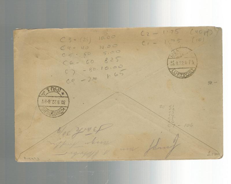 1922 Berlin Germany Early Airmail Cover to Konigsberg # C1-C9