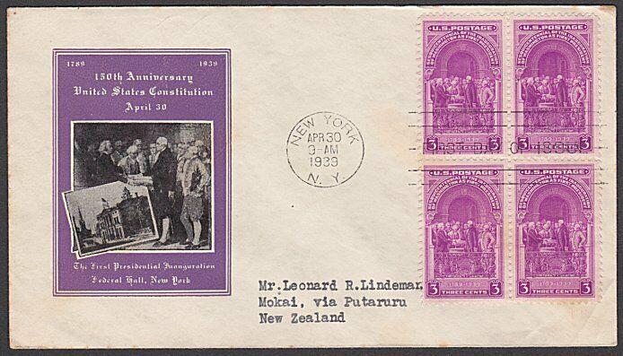 USA 1939 3c Washington's Inauguration FDC to New Zealand -  backstamped....55620