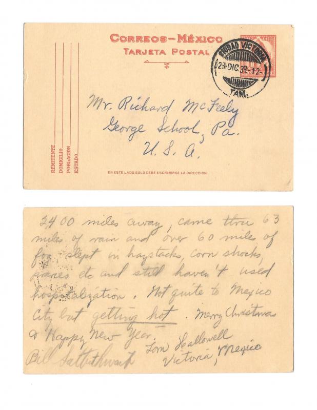 Mexico 1939 Ciudad Victoria Cancel 4c Postal Stationery Card to US Hiking Trip