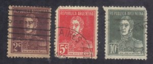 ARGENTINA  SCOTT #146, 149, 151 USED 2,5,10c 1908-09