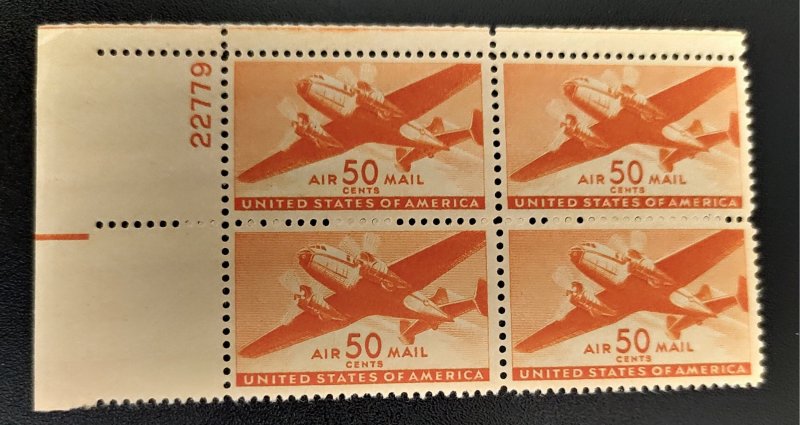Scott Stamp C31 - 1941 50¢ Orange. Air Mail. MPH, OG. Plate# Block of Four.