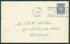 AUSTRALIA 1937 GVI 3d on plain FDC - Hobart Tasmania machine cancel........41038