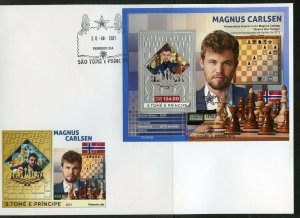 SAO Tome 2021 Magnus Carlsen Chess Master Silver Foil Souvenir Sheet Mint  NH