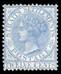 Straits Settlements #14 Cat$230, 1867 12c blue, unused without gum, small faults