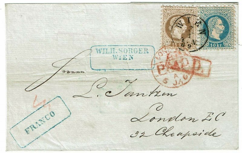 Austria 1869 Wien cancel on cover to England, franked 15kr+10kr