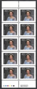 Canada #1358aiv 43¢ Queen Elizabeth II (1994). Pane of 10 stamps. MNH