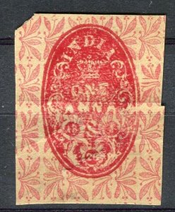 INDIA; Early 1900s QV Revenue cancelled stamp on small piece 1a. used value