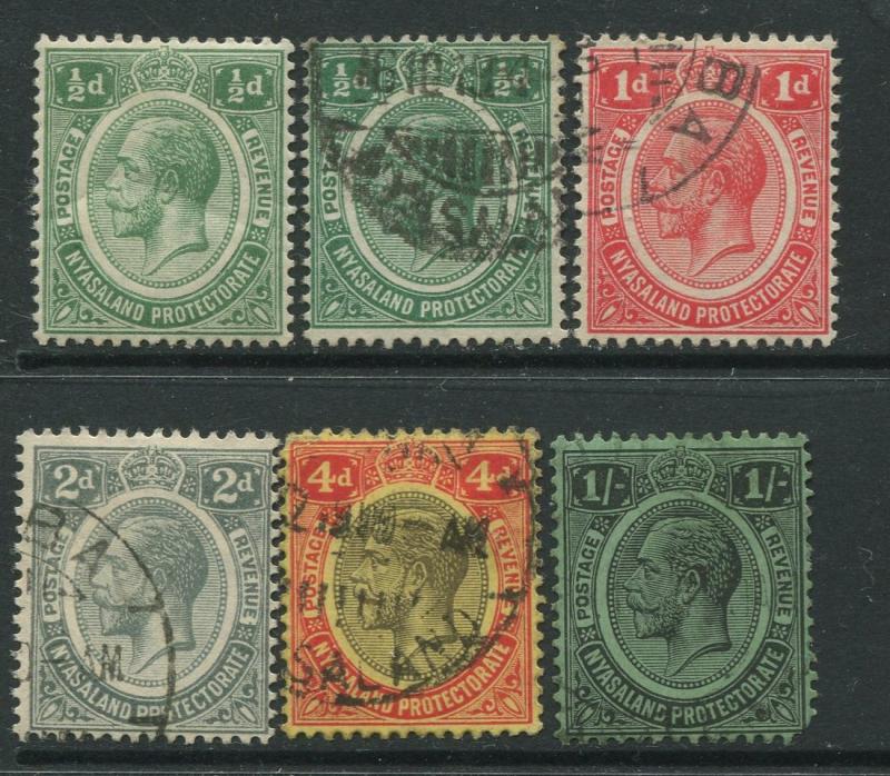 STAMP STATION PERTH Nyasaland #12-14,17,19 KGV 1913 Mint/Used Wmk 3 CV$17.00.