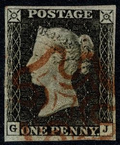 GB 1d Black GJ Plate 1a. Fine used four margins, cancelled by red Maltese c...