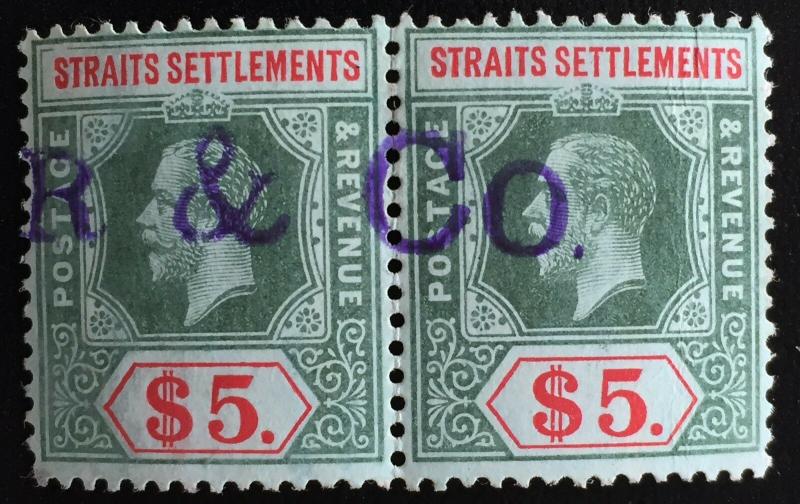 Malaya Straits Settlements 1918 KGV $5 pair MCCA Used SG#212b M2047