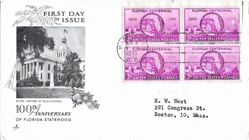 #927 FDC, 3c Florida 100th, Art Craft cachet, block of 4