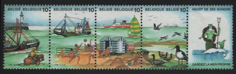 Belgium 1988 MH Sc 1283 10fr Ships, horse, shoreline Strip of 4 + label