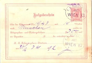 Austria 5kr Franz Josef 1892 K. K. Telegraphen Amt. Wien Telegram Receipt to ...