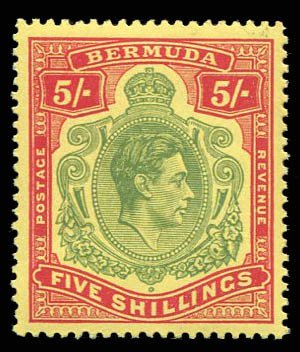 Bermuda #125var (SG 118g) Cat£60, 1938-53 George VI, 5sh green and scarlet, ...