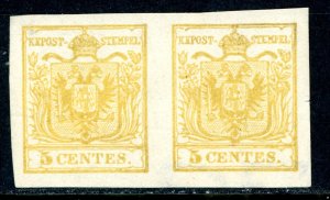 Austria 1850 Lombardy Veneti 5¢ Yellow Imperf Pair Watermarked Scott #1 MNH I792