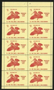 New Jersey, 1976, $3.00 Woodcock Stamp, Full Pane of 10, V.F., N.H. 