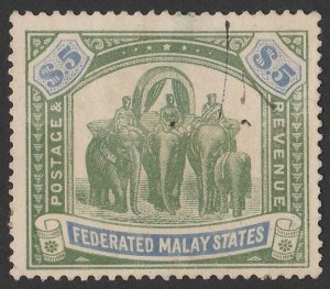 FEDERATED MALAY STATES 1904 Elephants $5 green & blue, wmk Multi Crown.