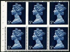 GB 1969 Machin 5d booklet pane partial ‘imperf’ pane of six unmounted mint,