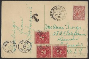 UK GB US GIBRALTAR 1926 POSTAGE DUE T & NEW YORK DUE 6 CENTS ON POST CARD VIEW