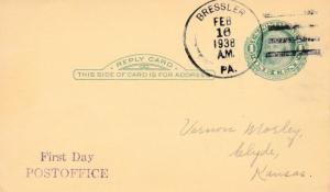 United States Pennsylvania Bressler 1938 4f-bar  1909-1957  Postal Card  Phil...