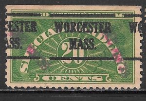 USA QE3: 20c Numeral, Worcester precancel, used, SE