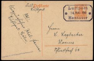 Germany Pioneer WWI 1918 Airmail FeldLuftpost Hannover 80790