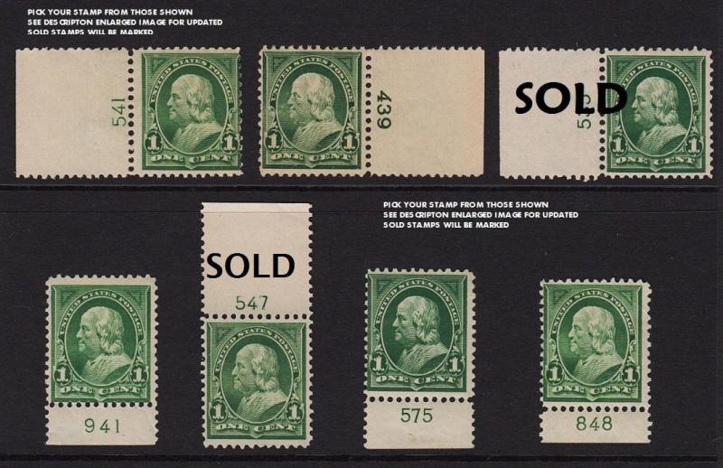 1898  Sc 279 green MNH  plate number single  CV $62.50 - U-PIK your stamp