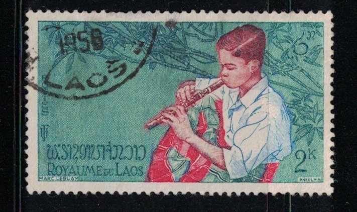 LAOS   Sc# 34, 1957 Khene player,  used,   scv $ 1.10