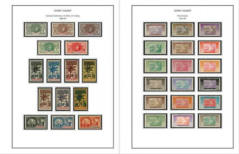 COLOR PRINTED FRENCH COLONIES [x13] 1859-1947 STAMP ALBUM PAGES (141 ill. pages)