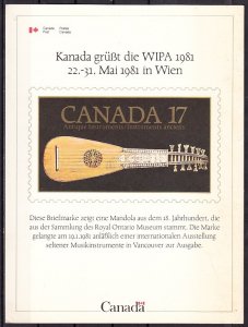 Canada, Scott cat. 878. Music Instrument on Austria`s WIPA 81 Expo Card.^