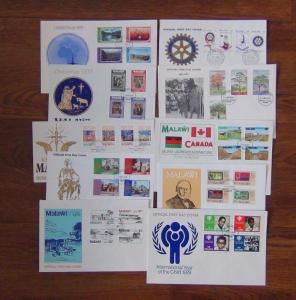 Malawi 10 FDC's 1977 1980 IYC Railway Trees Easter Xmas Rotary London 1980 etc