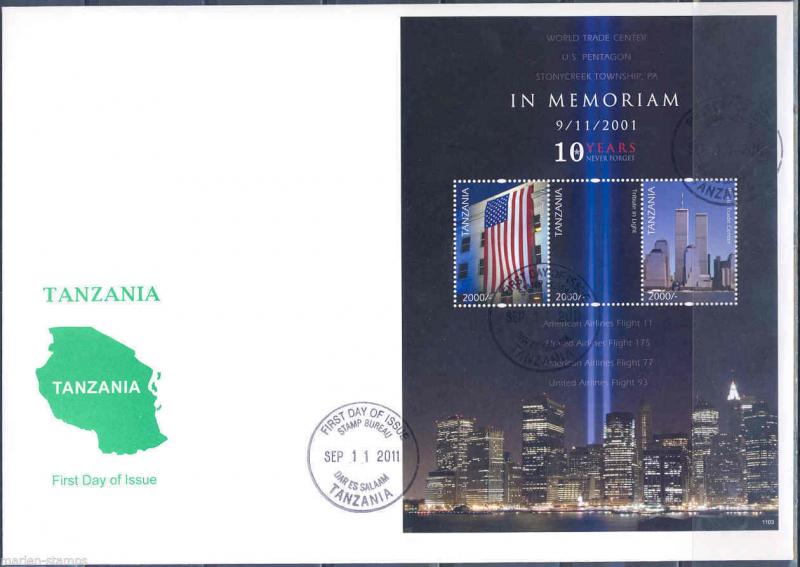 TANZANIA 10TH  MEMORIAL ANNIVERSARY SEPTEMBER 11TH SHEET ON FIRST DAY COVER 