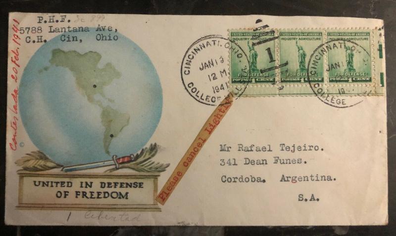 1941 Cincinnati OH USA Patriotic Cover to Cordoba Argentina United For Freedom