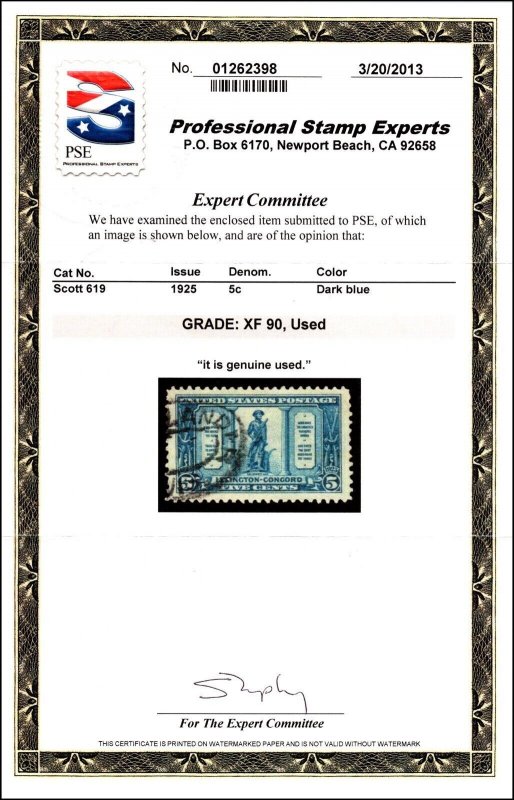 Scott 619 - 5 Cents Lexington - Used - PSE Cert Grade 90 - SCV - $50.00