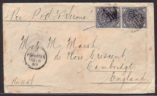 MALAYA PENANG 1887 20c rate cover per P&O ship SS Verona to UK.............34662 