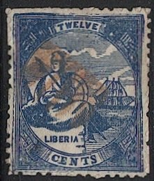 LIBERIA 1864 Sc 8 Used 12c dark blue VF, Perf 11-1/2, Torres Forgery