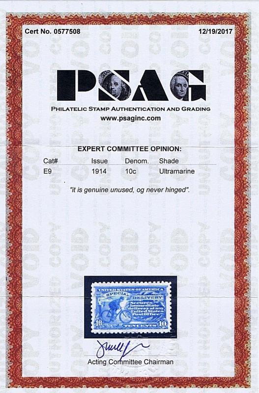 SC# E9 ORIGINAL GUM MNH 10c SPECIAL DELIVERY BICYCLE, 1914, PSAG CERT, VF 