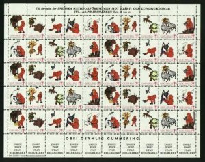 Sweden Christmas Seal 1973/74 Folded Mnh Full Sheet. Santa,Cat,Horse,Animals