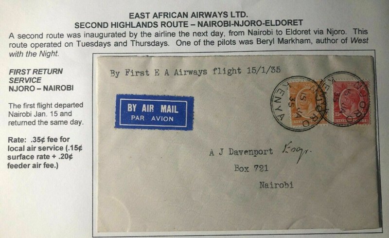 1935 Njoro Kenya British KUT First Return Flight Cover FFC To Nairobi